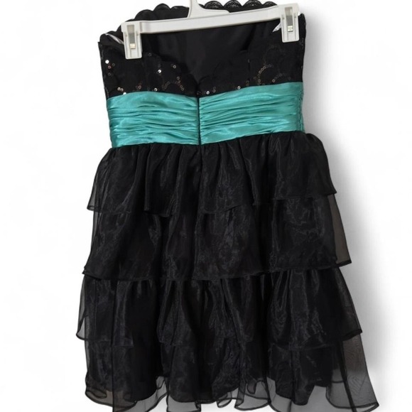 David's Bridal Black Teal Strapless Tiered Ruffle Sequin Dress Size 12 - Picture 2 of 7